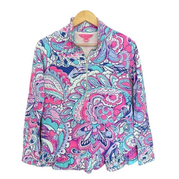 Lilly Pulitzer Killian Popover in Pink Tropics Print Ruffle Half Zip XS Pink Blu - Picture 2 of 8